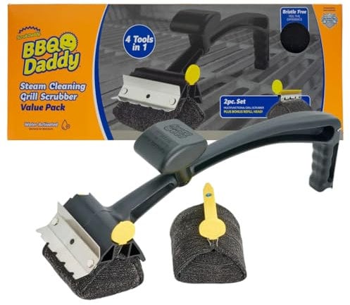 Scrub Daddy BBQ Daddy + Refill Heads - BBQ Cleaning Brush with Scraper & Bottle Opener, Barbeque Grill Cleaner, Wire Bristle Free, Barbecue Cleaner Brushes, High-Tech Cleaning Accessories for Men