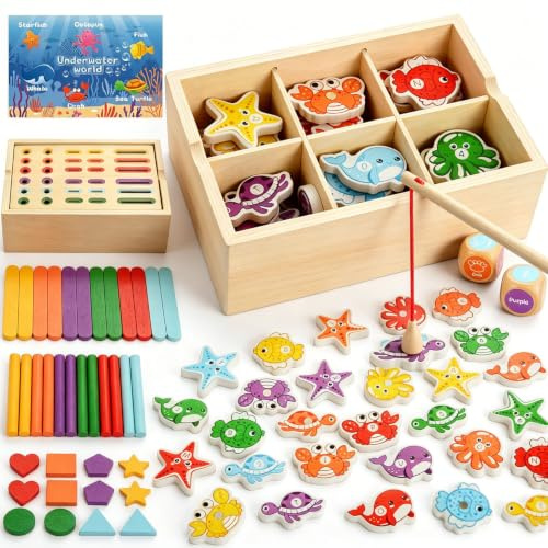 Juguetes Montessori para Niños 1 2 3 Años, Juego de Pesca Magnetico y Clasificación de Colores, Juego Montessori Madera, Juguete Educativo Sensoriales Bebés, Regalo Niños Niñas Cumpleaños Navidad