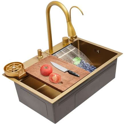 Lavandino multifunzione a cascata con rubinetto, in acciaio inox, pratico lavello da incasso, per bar, cucina, 68 x 46 x 22 cm (oro)