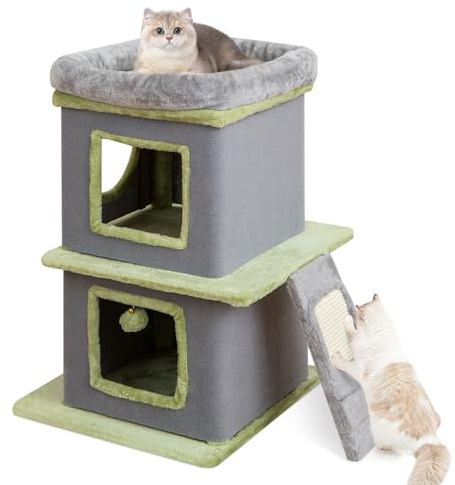 COSTWAY Kratztonne Katzentonne, 3 stöckiger Kratzbaum, Katzenhaus mit großer Liege, Kratzbrett, 2 Katzenhöhlen & Ball, Spieltonne mit Abnehmbarer Hülle, Katzenbaum Katzenkratzbaum Kletterbaum, Grau