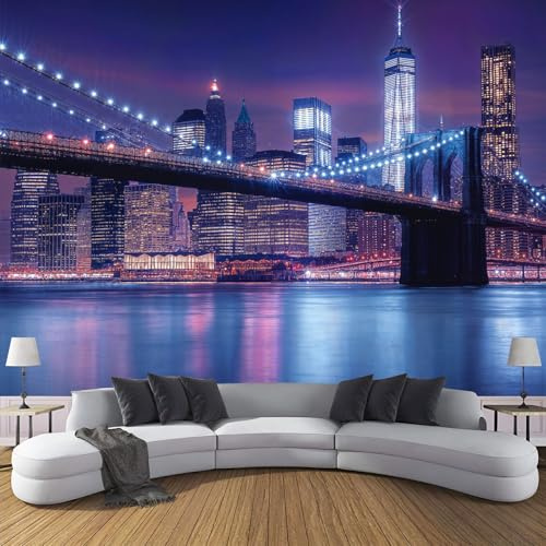 3D Effect Photo Wallpaper New York City Night View 250×175cm Mural Panoramic Brooklyn Bridge Wall Murals, Large XL Photo Wallpaper Blue Mural Decoration for Living Room Bedroom