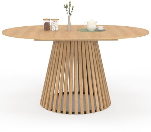 IDMarket - Ausziehbarer runder Esstisch Carmen 4-8 Personen Holzfuß aus Latten und Holzplatte 110-150 cm