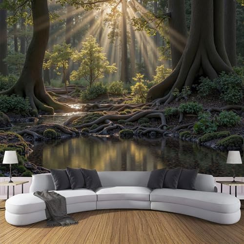 DLERFLOVR Tapete Gelbgrün Seidentapeten Nachmittagswaldbach Tapeten Ruhiger Wald Wandtapete Wanddeko Motivtapeten für Wohnzimmer Schlafzimmer Kinderzimmer 350x250cm
