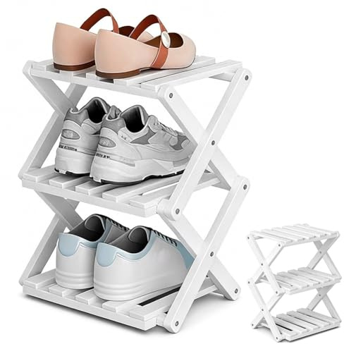 Gohytal Schuhregal Kleines, Faltbar Keine Installation, Freistehendes Mini Schuhregal für Camping, Flure, Schlafzimmer, Wohnzimmer, Eingangsbereich und Kleine Räume (Weiß-3 Ebenen)