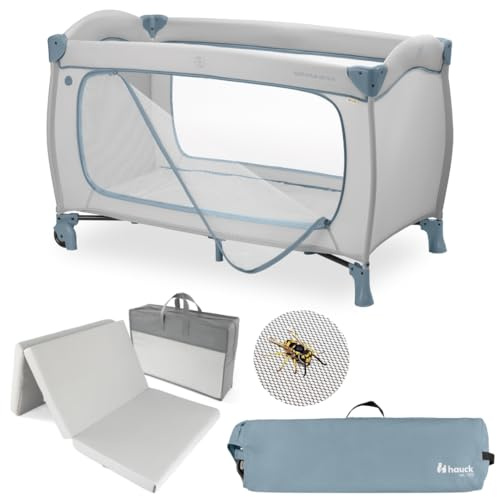 hauck Sleep N Play Go Plus Baby Reisebett Set - Dusty Blue | inkl. Matratze & Insektenschutz | faltbares Kinder Reisebett mit Rollen, Seiteneingang & Transporttasche