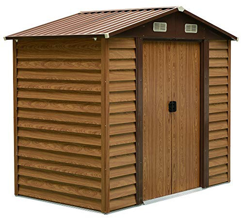 Outsunny 8 x 6ft Garden Shed, Metal Storage Tool House Gardening Tool Storage with Shutter Vents, Brown