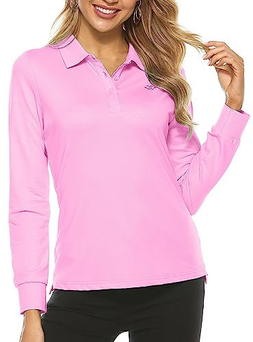MoFiz Polo Donna Manica Lunga Poloshirt Lavoro Camicia Sportiva Golf Top con Bottoni Rosa L