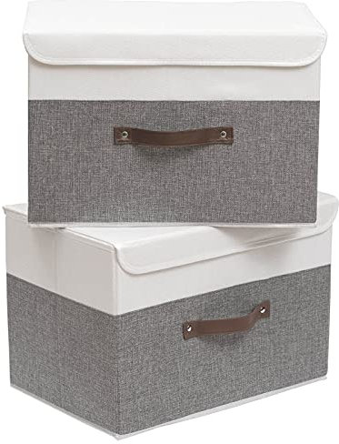 OUTBROS Storage Box with Lid Large, Linen Fabric Wardrobe Containers, Collapsible Organiser For Towels, Clothes, 17.7 x 11.8 x 11.8 inch (White/Grey, 2-Pack)