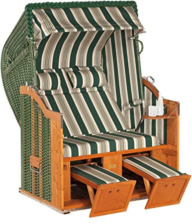 Sonnenpartner Strandkorb Classic 2-Sitzer Halbliegemodell grün/beige mit 2 Nackenrollen und Staufach
