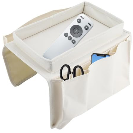Organizer per bracciolo del divano con vassoio portabicchieri, Antiscivolo Porta Caddy Supporto per Sedia con 3 piccole borse e 1 grande custodia, Vassoio da Divano Multifunzionale per Telecomando