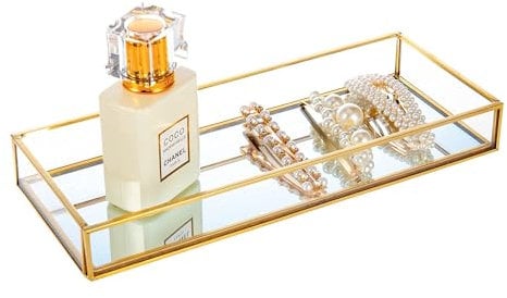 Feyarl Gold Vanity Tray Glass Mirrored Tray Small Perfume Tray Rings Jewelry Trinket Tray Earrings Organizer Tray Decorative Tray for Dressr Drawer Office Tabletop (9.84 x 3.93inch)