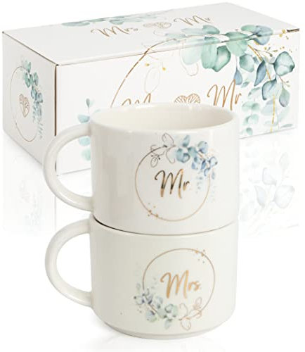 WeddingTree Mr und Mrs Tassen in Eukalyptus Optik - 2er Set - Tasse Mr und Mrs für Paare zur Hochzeit Verlobung Hochzeitstag - Hochzeitsgeschenk Modern - Mr und Mrs Geschenke