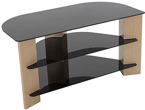 mahara Black Corner TV Stand - Universal TV unit with black glass shelves and oak effect wood legs - Cable management included - UK Design with instructions provided - for upto 42 inch TVs - 90cm