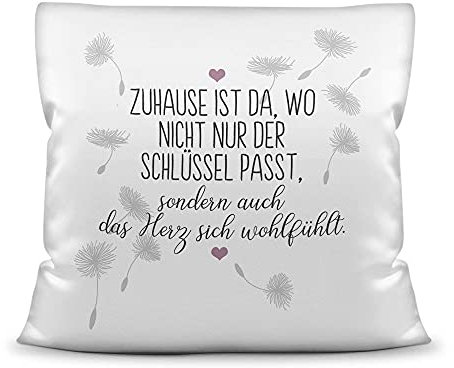PR Print Royal Kissen mit Spruch - Zuhause ist da, wo das Herz Sich wohlfühlt - Statement Deko-Kissen, Geschenk für Familie und Freunde - Kissen Polyester Weiß, 40x40 cm, inkl. Füllung
