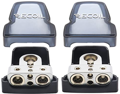RECOIL PBT-D08 Confezione da 2 morsetti per terminali positivi negativi della batteria in ottone massiccio di alta qualità con due uscite calibro 0/2/4 e due uscite calibro 8