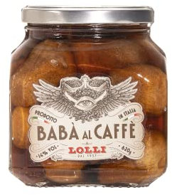 Lolli babà artigianali imbevuti da una bagna alcolica a base di caffè, consistenza morbida e spugnosa, vaso in vetro da 620g 14% Vol