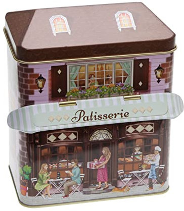 POWERHAUS24 Retro nostalgische Blechdose Patisserie Provence mit beweglichem Dach, Geschenk, Aufbewahrung für Kaffeebohnen & Süßes, Deko, lebensmittelecht, ca. 12 cm x 15 cm, 2 Rezepte inklusive