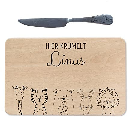 wunderwunsch - Individuelles Holzbrett mit Gravur inklusive Messer für Kinder - Personalisiertes Frühstücksbrettchen mit Kindermesser - Motiv-Brettchen mit Namen