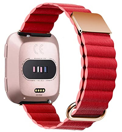Armband Kompatibel mit Fitbit Versa 3 /Sense/Fitbit Versa 2/Versa Lite Armband Leder Silikon Ersatz Magnetische Für Herren Damen Uhrenarmband (Rot,Versa 3 /Sense)