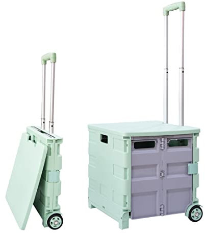 35kg Folding Shopping Trolley Storage Boot Cart Box | Collapsible Trolley with Lid | Portable Utility Cart with Telescopic Handle (Light Blue/Grey)