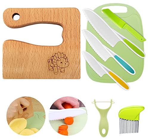 Goodchef Kindermesser 8-teiliges Kinder-Küchenmesser-Set zum Schneiden und Kochen von Obst oder Gemüse für Kleinkinder, inklusive Holzmesser Schneidebrett Schäler(Dinosaurier)