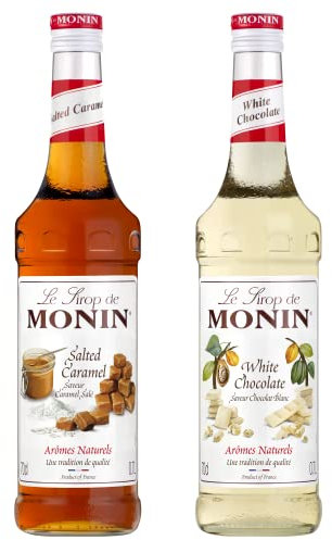 MONIN - Assortiment de Sirop Saveur Caramel Salé & Sirop Saveur Chocolat Blanc - Pour Café, Chocolat Chaud, Capuccino ou Latte - Arômes Naturels - Bouteille en Verre - 2 x 70 cl