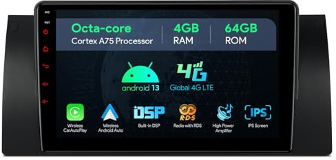 XTRONS 9 Zoll Android 14 Octa Core 4GB 64GB Autoradio Multimedia Player Eingebauter 4G/CarAutoPlay/Android Auto/DSP Unterstützung GPS Bluetooth 5.0 USB Für BMW X5 E53(1999-2006)