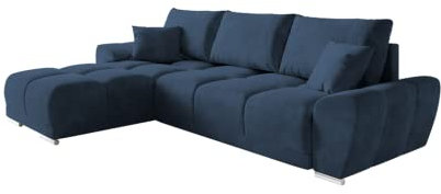 ML Furniture Velvet Ecksofa in L-Form – Marineblaui Sofa – Couch mit Stauraum und Kissen - Ausziehbares Schlafsofa – Sofa mit Schlaffunktion - Schlafsofa mit Bettkasten – Gästebett – 289 x 189 cm