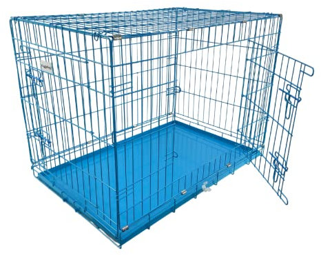 HugglePets Large Foldable Dog Crate - Blue (Large 91 x 61cm) Lockable Stainless Steel Double Door Cage for Dogs with Slide Out Metal Tray & Detachable Carry Handle Ideal for Home & Travel.