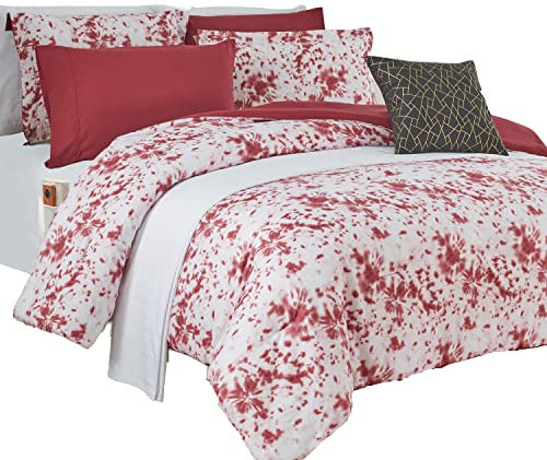 Elegant Comfort Wende-Bettwäsche-Set, Batikdruck, dekoratives Kissen und Spannbetttuch mit intelligenten Taschen, weiches Plüsch, leichtes Material, 10-teiliges Batik-Set, Cali King, Burgunderrot