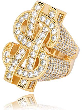 Kristall-Dollarzeichen-Ring für Männer,Iced Out Zirkonia US-Dollar-Ring, Hip-Hop-Dollar-Symbol-Ring, Punk Rock Ring für Rapper, Dollar Geld Amulett Ring, Dollar Andenken Schmuck Geschenk (18.9, Gold)