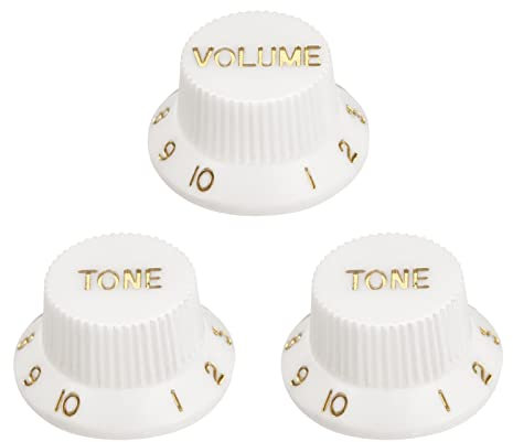 sourcing map Top Hat Gitarre Glockenknöpfe 6mm Innendurchm. 2 Volume 2 Tone Drehzahlregler Knöpfe für E Gitarre Ersatz Kunststoff Weiß mit Gold Zeichen