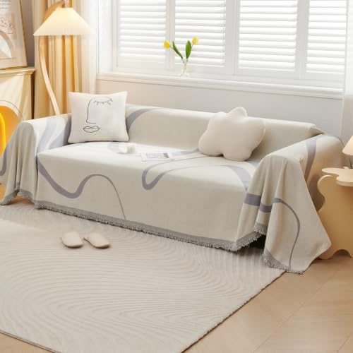 VanderHOME Sofaüberzug Sofa Handtuch Dekoration All-Season Universal Gewebte Quaste Überwurf Sofa Abstrakte Geometrische Linien Multifunktionale weiche Decke Sofakissen Handtuch 180 * 300cm Hellgrau