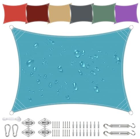 Sichtschutz Sonnensegel Wasserdicht Rechteckig 3x4m aus PES-Polyester 95% UV-Schutz Witterungsbeständig Reißfest in Vielen Größen und Farben mit Befestigungsset für Terrasse Garten Balkon-Blau