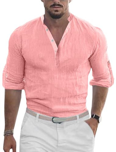 Minetom Chemise Lin Homme Col en V Manches Longues Chemise Décontractée Chemises Hommes Couleur Unie Plage Casual Bouton Henley Shirts Regular Fit A Rose Foncé XXL