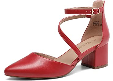 DREAM PAIRS Women‘s Dress Shoes Block Heels Pumps | 2.16 Block Heel, Closed Pointed Toe, Ankle Strap, Instep Strap, Non-slip TPR Outsole, Latex Insole