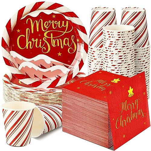 Skylety 200 Pcs Christmas Party Supplies Candy Cane Striped Dinnerware Set Serve 50 9'' Disposable Paper Plates 9oz Cup 100 Napkin Red Glod Dinner Dessert Tableware for Xmas Holiday Decoration