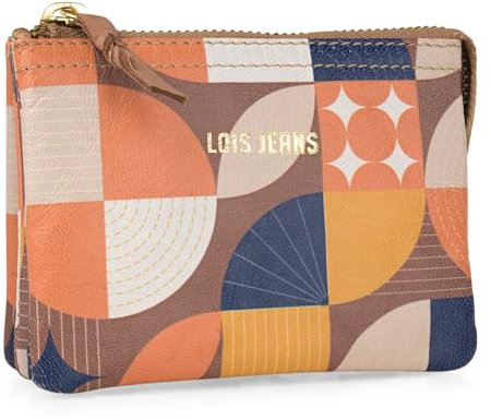 Lois - Monedero Mujer con Cremallera Segura Estilo Compacto Monedero Piel Autentica Print Pequeño Diseño Sofisticado Monedero Mujer Pequeño, Circles
