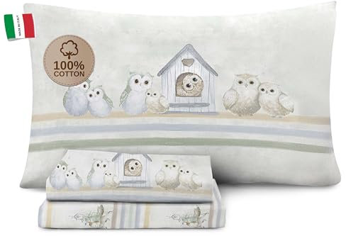 HomeLife Bettwäsche-Set für Einzelbett, Baumwolle, hergestellt in Italien, für Einzelbett, Bettlaken, Spannbettlaken, Kissenbezug, Einzelbett, Baumwolle, Eule, Grün
