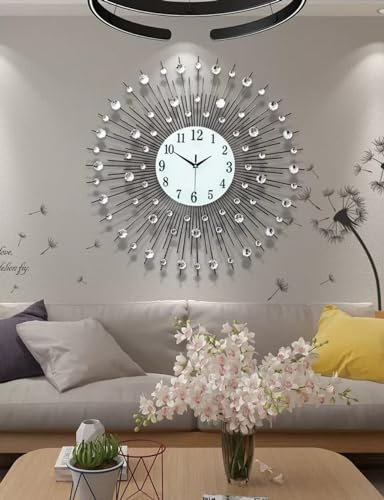 Bidesen Moderne Silberne Kristall-Wanduhr, Luxus Metall-Wanduhr für Wohnzimmer, Große Stumme Quarzuhr, Kreative Dekorative Uhr für Wohnzimmer, Schlafzimmer, Büro