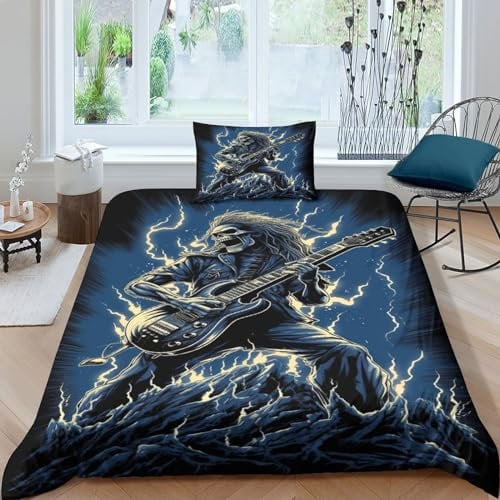 Rock 'n' Roll Print Duvet Cover Set 3D Heavy Metal Guitar Printed Comforter Cover Teens Skull Pattern Bedding Set Lovely Bedroom Decor 3Pcs Bedspread