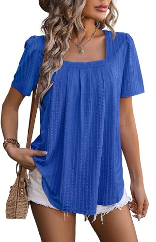 Flikity Womens Tops Dressy Casual Square Neck Ladies Summer Tops | Puff Short Sleeve Blouses Pleated Tunic Clothes Flowy Loose Solid Summer T Shirts S-XXL