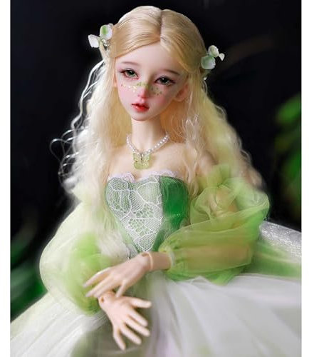 44cm 1/4 BJD Doll, Wunderschöne Elfe SD-Puppe in Grünem Tüllkleid, Goldene Perücke, Weiße Schuhe, Gesichts-Make-up - Feine Verarbeitung