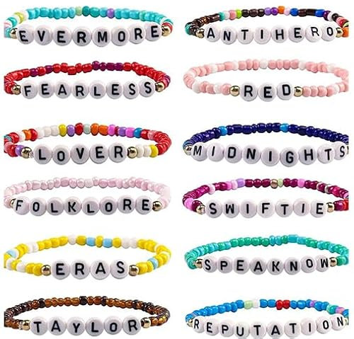 12 Pcs Popular Album Brief Armband,Popularität Sänger Armband,Friendship Bracelets Glasarmband,Freundschaft Letters Farbe Armband,Mode Unique Elastisches Party Konzert Armband für Music Fans Freund