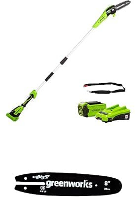 Greenworks G40PSFK2 Cordless Pole Saw, 20cm Bar Length, 8m/s Chain Speed, 3.64kg, 2.58m Pole Reach, 40V 2Ah Battery & Charger + Greenworks Guide Bar for Chain Saw (20 cm Oregon Bar)