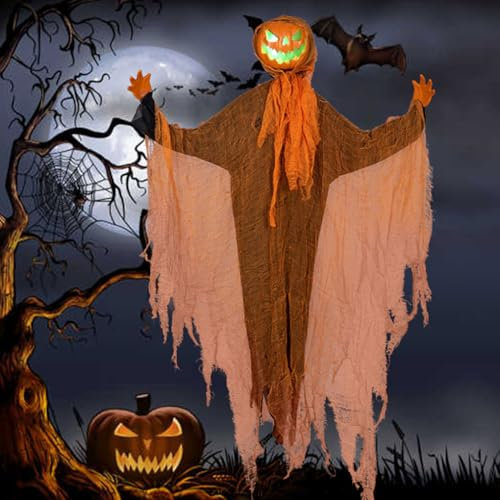 dijiusidy Halloween Deko Outdoor, Elektrisch Bewegliches Licht Kürbiskopf-Dekoration, LED-Licht, Sprachsteuerung, Hängende Kürbiskopf-Geisterdekoration für Gärten, Spukhäuser, Halloween-Partys