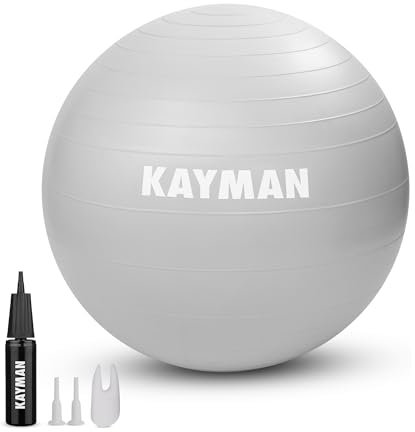 KAYMAN 65cm Exercise Ball Grey - Anti-Burst System, Non-Slip Rings, Durable Material, Easy to Inflate, Ideal for Yoga, Pilates, Fitness, Balance Training, Gym, and Home Workouts.