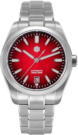 San Martin Herrenarmbanduhr SN0144-GL Automatikwerk 9015, Saphirglas, 10 Bar Taucheruhr für Herren, Blaues Zifferblatt, Orangenes Zifferblatt,Red