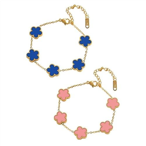 KHDULQ 2 Stück Kleeblatt Armband,Kleeblatt Kette Kleeblatt Schmuck 18K Goldplattiertes Vierblättriges Kleeblatt Armband Van-Cleef Luxuriöses Glücksarmband Elegantes Design(Rosa,Blau)