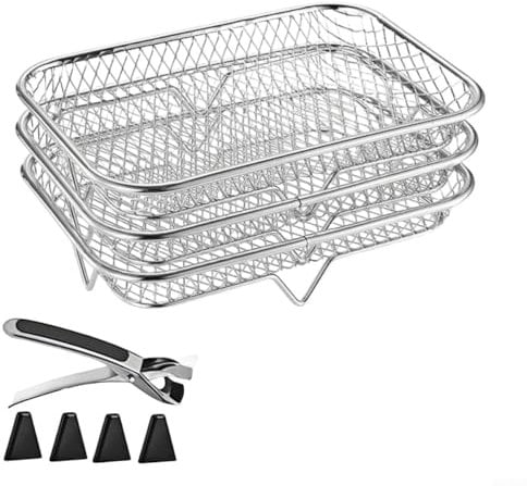 MeevrgR 3-Layer Stackable Air Fryer Racks Set, 304 Stainless Steel Mesh Baskets for Steamer Oven, Dishwasher Safe, Enhanced Air Circulation, Increased Cooking Capacity(Rectangular)